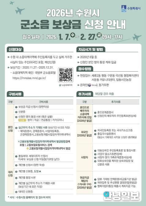 2026년 군소음 피해보상금 신청 안내문