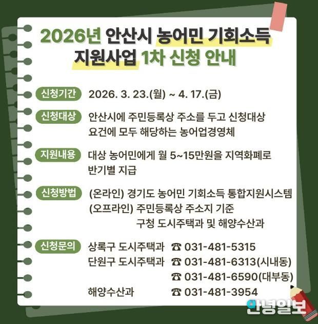 '2026 안산시 농어민 기회소득 지원사업' 디지털 홍보자료.